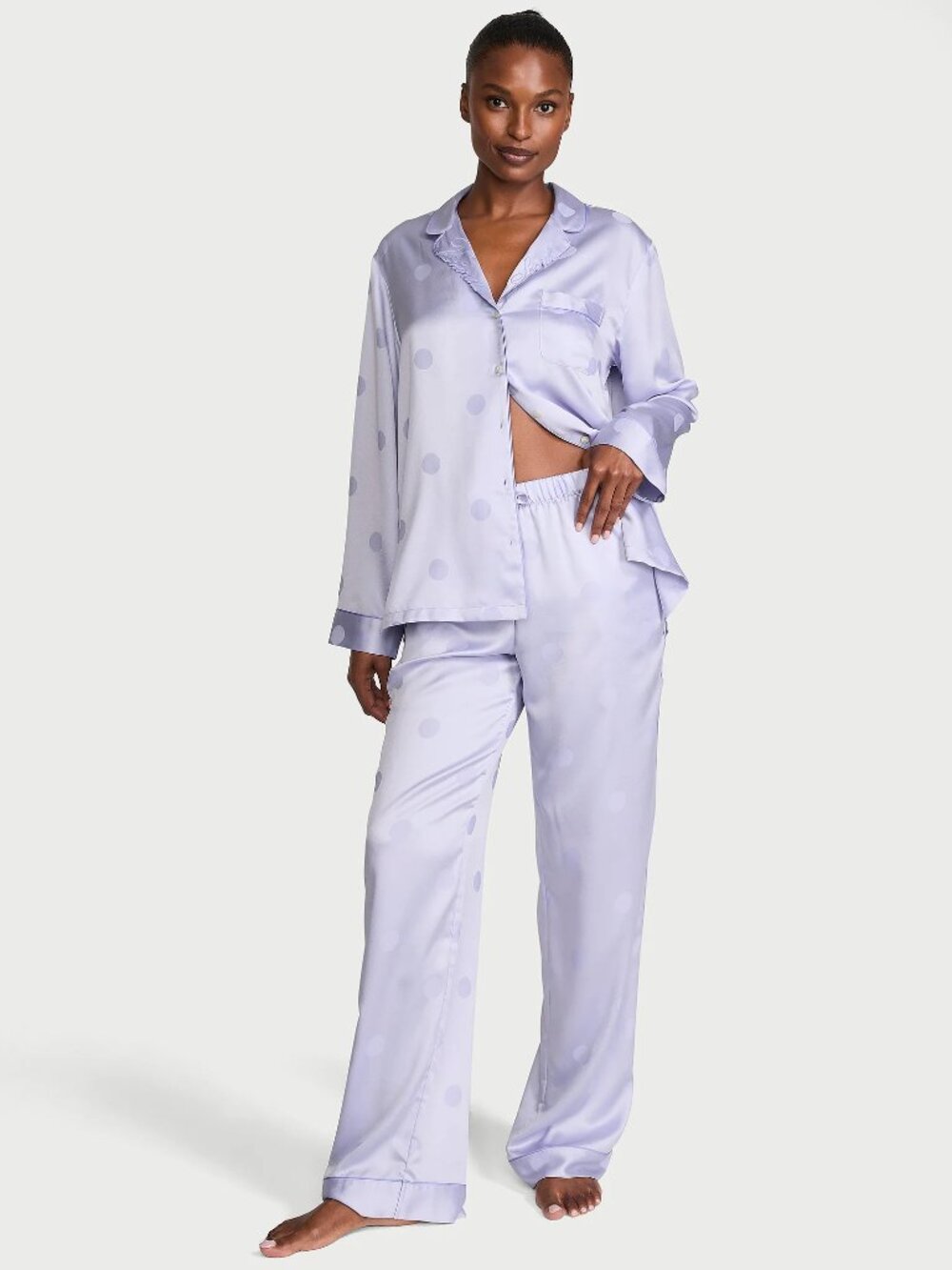 Victoria's Secret Satin Long Pajama Set in Embroidered Collar Icy Lavender Med